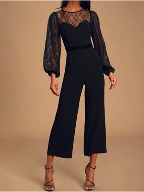 Lulu's Black Lace-Sleeve Wide-Leg Jumpsuit